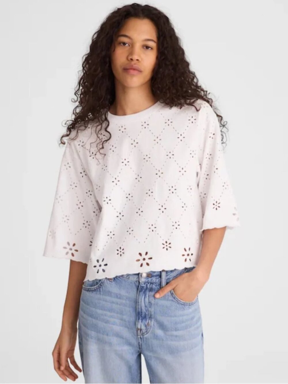Madewell White Eyelet Boxy Crop 3/4 Sleeve Top S NWT
